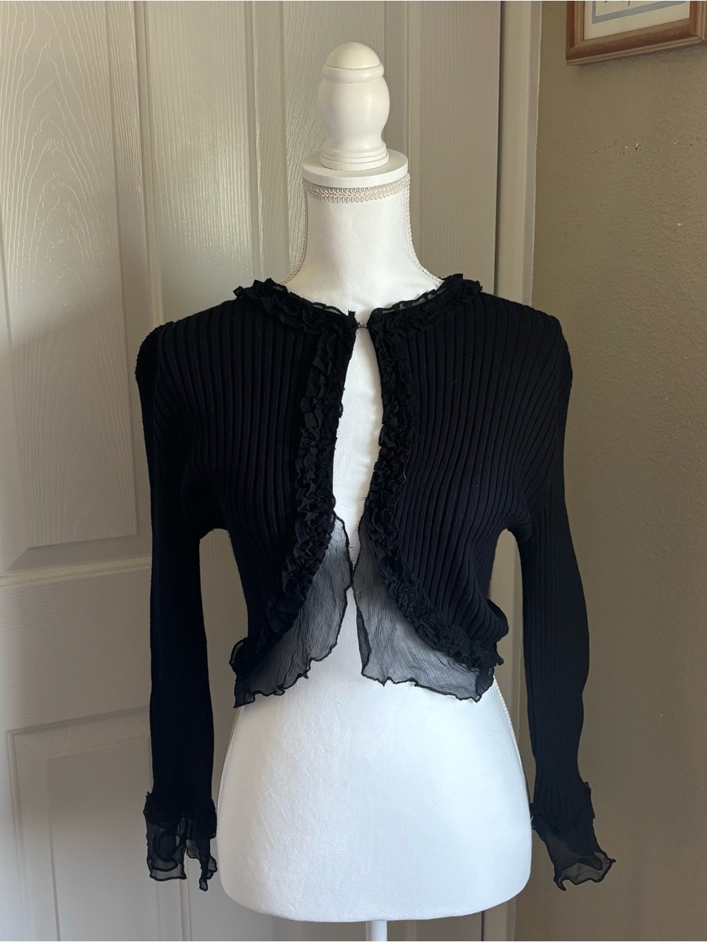 WD.NY Black Ribbed Cropped Cardigan with Sheer Ruffle Trim
